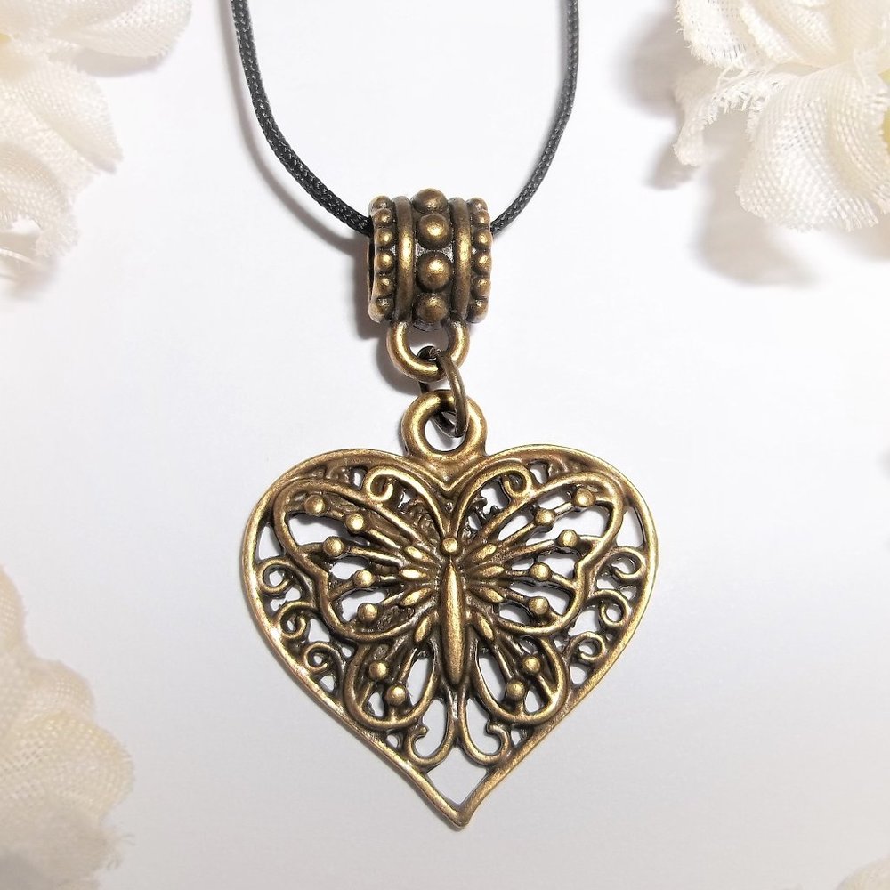 Bronze Butterfly Heart Necklace Medallion Cord Necklace Jewelry Gift Girl A175